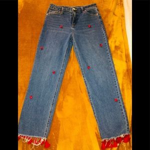 High Waisted Bootleg Cutoff Ladybug Jeans